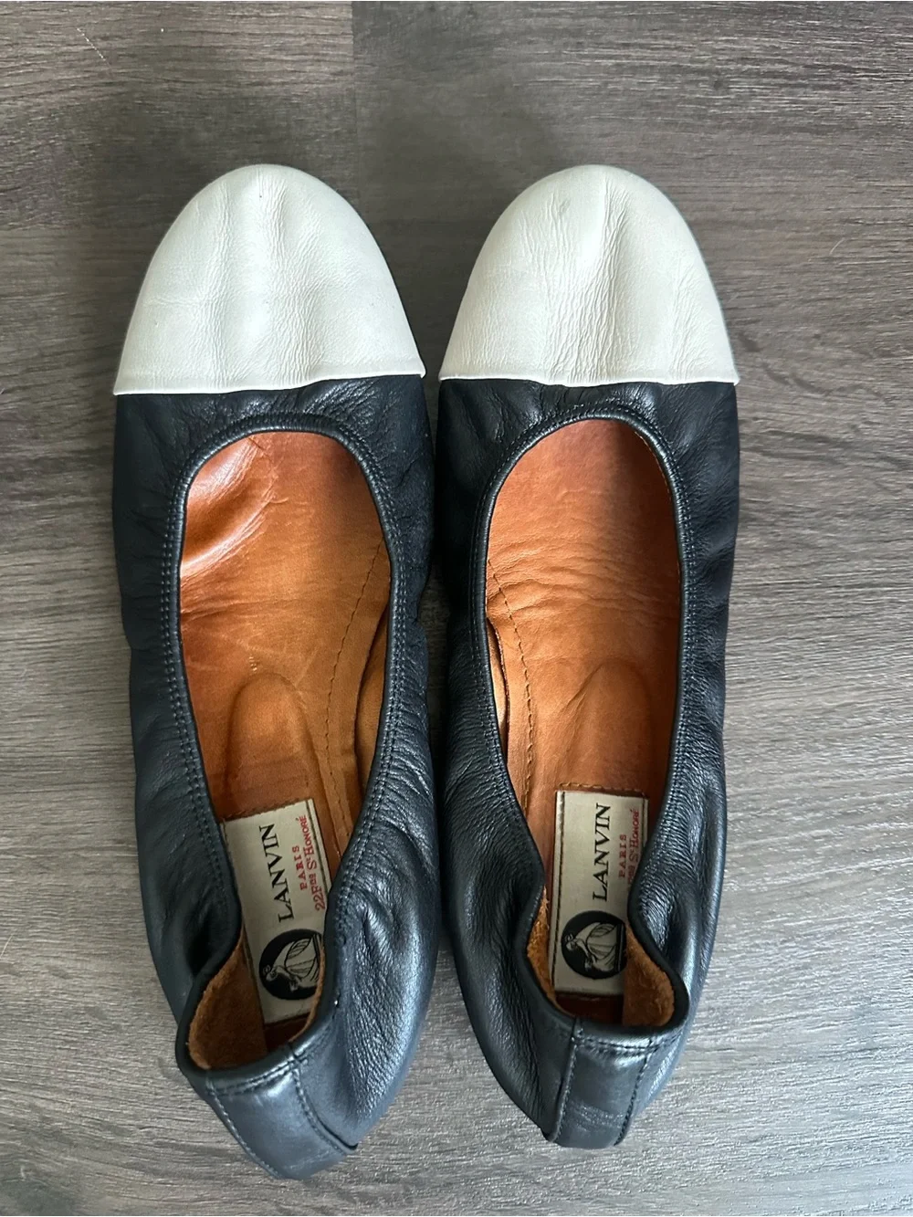 Lanvin Black Leather Flats with White Toe Caps